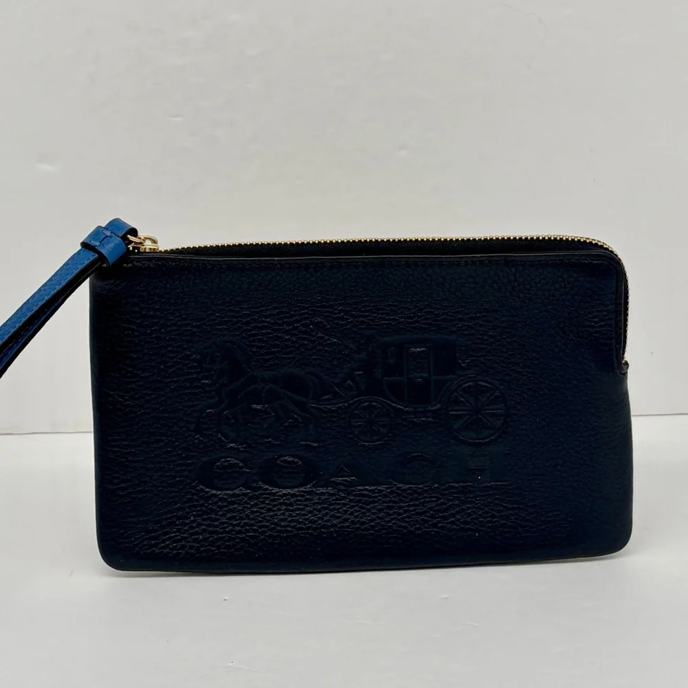 Coach Large Corner Zip Wristlet Wallet With Horse And Carriage Navy